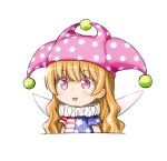  1girl :d bangs blonde_hair blue_dress clownpiece commentary_request cropped_torso dress eyebrows_visible_through_hair fairy_wings hat jester_cap long_hair neck_ruff nibi open_mouth pink_headwear polka_dot polka_dot_headwear print_dress red_eyes short_sleeves simple_background smile solo star_(symbol) star_print striped striped_dress touhou upper_body wavy_hair white_background white_wings wings 