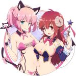  2girls animal_ears aqua_eyes bow bowtie breasts cat_ears cat_tail chiyoda_momo cleavage closed_mouth collarbone commentary_request curled_horns demon_girl demon_horns detached_collar detached_sleeves fake_animal_ears heart heart_tattoo highres holding holding_wand horns large_breasts long_hair machikado_mazoku mel_(melty_pot) multiple_girls navel open_mouth pink_hair pink_neckwear pink_ribbon pubic_tattoo red_eyes red_hair ribbon short_hair small_breasts smile tail tattoo wand wavy_mouth wrist_cuffs yoshida_yuuko_(machikado_mazoku) 