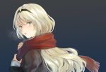  1girl adjusting_scarf aimai-me an-94_(girls_frontline) aqua_eyes blonde_hair breath coat from_side girls_frontline hairband light_blush long_hair looking_at_viewer looking_to_the_side red_scarf scarf solo 