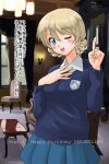  1girl ;d artist_name bangs black_neckwear blonde_hair blue_eyes blue_skirt blue_sweater braid catchphrase chair commentary cowboy_shot darjeeling_(girls_und_panzer) dated dress_shirt emblem english_text girls_und_panzer hand_on_own_chest happy_birthday highres index_finger_raised indoors long_sleeves looking_at_viewer matsui_yasutsugu miniskirt necktie one_eye_closed open_mouth pleated_skirt school_uniform shirt short_hair signature skirt smile solo st._gloriana&#039;s_(emblem) st._gloriana&#039;s_school_uniform standing sweater tied_hair translated twin_braids v-neck white_shirt window wing_collar 