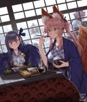  3girls animal_ear_fluff animal_ears bangs benienma_(fate) blue_eyes blue_ribbon blush breasts fate/extra fate/extra_ccc fate/grand_order fate_(series) fox_ears fox_girl fox_tail fumafu hair_between_eyes hair_ribbon highres large_breasts long_hair long_sleeves meltryllis_(fate) multiple_girls pink_hair purple_hair ribbon sidelocks sleeves_past_fingers sleeves_past_wrists small_breasts tail tamamo_(fate)_(all) tamamo_no_mae_(fate) very_long_hair yellow_eyes 