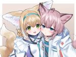  2girls ahoge animal_ear_fluff animal_ears arknights bangs bare_shoulders blue_eyes blue_hairband braid breasts brown_background cheek-to-cheek commentary_request eyebrows_visible_through_hair fox_ears fox_girl fox_tail green_eyes hair_between_eyes hair_rings hairband highres hood hood_down hooded_jacket jacket kakizato kitsune light_brown_hair multicolored_hair multiple_girls open_clothes open_jacket pink_hair shirt small_breasts sussurro_(arknights) suzuran_(arknights) tail two-tone_background two-tone_hair white_background white_hair white_jacket white_shirt 