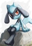 1boy animal_ears artist_name black_fur blue_fur blush body_fur child closed_mouth commentary english_commentary expressionless full_body furry gen_4_pokemon grey_background highres ikei light_blush looking_at_viewer male_focus mixed-language_commentary paws pokemon pokemon_(creature) red_eyes riolu rock signature simple_background sitting snout solo tail two-tone_fur wolf_boy 