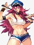  1girl abs blue_eyes chain choker crop_top hat highres holding holding_whip long_hair looking_at_viewer midriff peaked_cap pink_hair poison_(final_fight) shorts street_fighter uncle_rabbit_ii whip 
