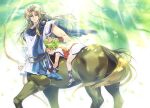  2boys achilles_(fate) arrow_(projectile) bangs belt bow_(weapon) bracer braid brown_hair carnelian centaur child chiron_(fate) closed_mouth eyebrows_visible_through_hair fate/apocrypha fate_(series) floating_hair green_eyes green_hair holding holding_bow_(weapon) holding_weapon horseback_riding leaf long_hair looking_at_another male_focus monster_boy multiple_boys outdoors petting riding sandals short_hair short_sleeves sleeping smile sunlight taur tree weapon younger 