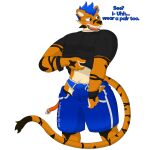  anthro balls briefs bulge clothed clothing dialogue ear_piercing ear_ring felid fur genitals hair male mammal muscular notkastar open_mouth pantherine piercing smile solo stripes text tiger tongue underwear undressing 