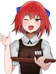  1girl ;d apron black_apron black_neckwear blue_bow blush bow hand_up holding holding_tray image_sample kohaku_(tsukihime) looking_at_viewer manaty_sw name_tag necktie one_eye_closed open_mouth red_hair shirt short_sleeves smile solo tongue tray tsukihime twitter_sample upper_body white_shirt yellow_eyes 