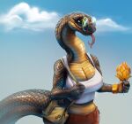  anthro big_breasts bottomwear breasts cleavage clothed clothing cloud eyewear female fivel food forked_tongue fruit glasses hi_res holding_food holding_object long_neck looking_at_viewer mango_(fruit) non-mammal_breasts outside pants plant purse reptile scales scalie shirt sky smile snake solo tank_top tongue tongue_out topwear 