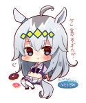  1girl :t ahoge animal_ears bangs beniko_(ymdbnk) big_belly black_footwear blue_eyes blush chibi closed_mouth commentary_request doughnut eating eyebrows_visible_through_hair food food_on_face full_body grey_hair hair_between_eyes horse_ears horse_girl horse_tail long_hair looking_at_viewer multicolored_hair oguri_cap_(umamusume) over-kneehighs pleated_skirt puffy_short_sleeves puffy_sleeves purple_shirt school_uniform shirt shoes short_sleeves silver_hair simple_background skirt solo tail thighhighs translation_request two-tone_hair umamusume very_long_hair white_background white_legwear white_skirt x_navel 