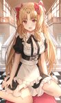 1girl :d absurdres alternate_costume apron bangs blonde_hair blush breasts cleavage dress enmaided ereshkigal_(fate) eyebrows_visible_through_hair fate/grand_order fate_(series) frills hair_ribbon highres hwa_n01 long_hair looking_at_viewer maid maid_apron maid_headdress open_mouth parted_bangs puffy_sleeves red_eyes ribbon short_sleeves smile solo thighhighs two_side_up very_long_hair 