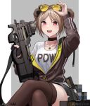  1girl artist_name bangs black_choker black_gloves black_legwear blush breasts brown_hair brown_jacket bullpup choker commentary_request crossed_legs double_bun eyebrows_visible_through_hair eyewear_on_head girls_frontline gloves gun hair_ornament hand_on_eyewear highres holding holding_weapon jacket jewelry junshiki light_brown_hair looking_at_viewer necklace open_clothes open_jacket open_mouth p90 p90_(girls_frontline) print_shirt red_eyes shirt short_hair simple_background single_glove sitting smile solo submachine_gun sunglasses thighhighs weapon white_shirt 