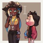  2girls a_very_happy_potato bandana cephalopod_eyes collared_vest colored_skin cropped_vest crown dark_skin dark_skinned_female domino_mask envy height_difference looking_at_another marina_(splatoon) mask mole mole_under_mouth multicolored multicolored_skin multiple_girls octarian pearl_(splatoon) pink_pupils size_difference splatoon_(series) suction_cups tentacle_hair vest 