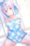  1girl amane_kanata arms_behind_back bare_shoulders blue_dress blue_hair blue_ribbon blush closed_mouth collarbone colored_inner_hair cowboy_shot dress gingham_dress hair_intakes hair_ribbon hololive looking_at_viewer low_neckline multicolored_hair off-shoulder_dress off_shoulder purple_eyes ribbon shiitake_taishi short_dress short_hair silver_hair simple_background sitting smile solo spaghetti_strap spread_legs sundress thighs virtual_youtuber wide_ponytail 