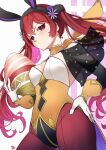  1girl animal_ear_headwear animal_ears bangs bare_shoulders black_hair blush breasts bunny_ears commentary_request detached_sleeves egg fake_animal_ears fire_emblem fire_emblem_awakening fire_emblem_heroes gloves hair_between_eyes hairband hand_on_hip highres holding leotard long_hair nakabayashi_zun neckwear purple_background red_eyes red_hair red_legwear ribbon severa_(fire_emblem) small_breasts solo twintails two-tone_background white_background white_gloves yellow_ribbon 