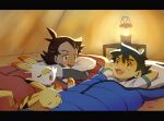  2boys antenna_hair arms_behind_head ash_ketchum black_hair blue_eyes blush brown_eyes commentary_request gen_1_pokemon gen_8_pokemon goh_(pokemon) hair_ornament head_on_pillow lantern looking_at_another lying male_focus matsuno_opa multiple_boys on_back on_stomach open_mouth pikachu pillow pokemon pokemon_(anime) pokemon_(creature) pokemon_swsh_(anime) scorbunny sleeping_bag smile teeth tent_interior tongue 