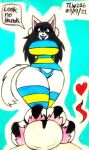  anthro big_breasts breasts canid canine clothed clothing felid feline female female_focus foot_fetish foot_focus foot_play footjob hair hi_res male male/female mammal sex speech_bubble tem temmie_(undertale) theloanwanderer216 traditional_media_(artwork) undertale video_games white_body 