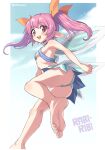  1girl :d armpits ass bangs bare_legs barefoot bikini bikini_top blush breasts eyebrows_visible_through_hair fairy fairy_wings feet foot_focus hair_ribbon highres long_hair looking_at_viewer miniskirt navel open_mouth oyatsu_(mk2) pink_eyes pink_hair pointy_ears rabi-ribi ribbon ribbon_(rabi-ribi) sidelocks simple_background skirt sky small_breasts smile soles solo stomach swimsuit thighs toenails toes twintails underwear upskirt wings 
