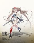  1girl alternate_costume artist_request asymmetrical_legwear bangs black_bra black_choker blue_eyes blue_legwear blush bra breasts brown_hair character_name choker copyright_name de_lisle_(girls_frontline) de_lisle_carbine eyebrows_visible_through_hair floor girls_frontline green_eyes gun hair_ornament headphones heterochromia highres holding holding_weapon holster light_brown_hair long_hair looking_at_viewer mole mole_under_eye multicolored_hair official_art open_mouth red_legwear rifle scar_on_leg shoes small_breasts socks solo standing standing_on_one_leg sweatdrop thigh_strap torn_clothes torn_legwear twintails underwear weapon 