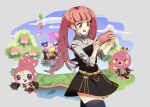 :d animal_crossing axe character_request cowboy_shot crown cup day eine_dx fire_emblem fire_emblem:_three_houses garreg_mach_monastery_uniform hilda_valentine_goneril long_hair nintendo_switch nintendo_switch_lite open_mouth outdoors pink_eyes pink_hair smile teacup thighhighs twintails twitter_username walking zettai_ryouiki 