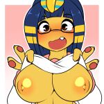  1:1 2021 animal_crossing ankha_(animal_crossing) anthro areola big_breasts blue_hair blush breasts clothed clothing clothing_lift digital_media_(artwork) domestic_cat eyewear felid feline felis female glasses gradient_background hair hi_res kloudmutt looking_at_viewer mammal nintendo nipples open_mouth simple_background solo video_games 
