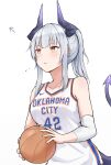  1girl absurdres arknights bandaged_arm bandages basketball basketball_uniform dragon_girl dragon_horns dragon_tail english_text eyebrows_visible_through_hair highres horns liskarm_(arknights) mango_(mgo) nike number oklahoma_city_thunder orange_eyes silver_hair solo sportswear tail trait_connection 