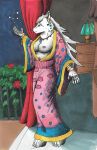  anthro asian_clothing balcony big_breasts breasts canid canine canis clothing east_asian_clothing female hi_res inside japanese_clothing jewelry kimono mammal night nipples nyghtmar3 queen ring royalty solo traditional_media_(artwork) wolf 