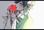  1boy androgynous apple bangs black_hair blue_hair blurry bow braid cape chiroron collared_cape collared_shirt eating flower food frilled_sleeves frills fruit genshin_impact gradient_hair green_eyes green_headwear hat hat_flower highres holding holding_food holding_fruit leaf long_sleeves male_focus multicolored_hair open_mouth shirt short_hair_with_long_locks simple_background solo twin_braids venti_(genshin_impact) white_background white_flower white_shirt 