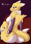  absurd_res annoyed anthro big_breasts big_butt bodily_fluids booponies breasts butt canid canine clothing cum digimon digimon_(species) exposed_back female fox genital_fluids gloves handwear hi_res mammal nipples nude renamon side_boob sitting solo text 