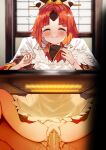  1boy 1girl absurdres apron benienma_(fate) blush brown_headwear brown_kimono censored closed_eyes demon_girl eyebrows_visible_through_hair fate/grand_order fate_(series) happy_sex highres indoors japanese_clothes ken_(coffee_michikusa) kimono kotatsu no_panties penis pussy_juice red_hair reverse_upright_straddle sex stealth_sex table vaginal wavy_mouth 