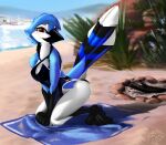  anthro avian beach bikini bird blue_jay blush clothing corrvo corvid feather_6 female hi_res jay_(bird) mati new_world_jay one-piece_swimsuit oscine outside palm_tree passerine plant pose seaside solo swimwear tree wings 