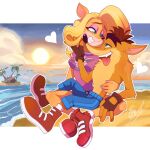  &lt;3 2020 activision anthro beach blonde_hair bottomwear breasts brown_hair clothing cloud colored_nails crash_bandicoot crash_bandicoot_(series) day duo eye_contact eyeshadow female fingerless_gloves footwear fur gloves green_eyes hair half-closed_eyes handwear hi_res long_hair looking_at_another m5mona makeup male male/female mammal marsupial nails narrowed_eyes open_mouth palm_tree pants plant romantic_couple sand seaside shoes signature smile sun tawna_bandicoot teeth tongue tongue_out tree video_games water 