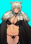  1girl animal_ears ass_visible_through_thighs bangs black_bra black_panties blue_background bra breasts brooch cat_ears choker dark_skin dark_skinned_female dress facial_mark final_fantasy final_fantasy_xiv fur_collar highres jewelry lilycious looking_at_viewer medium_breasts miqo&#039;te navel neck_tattoo panties short_hair silver_eyes silver_hair slit_pupils solo tattoo torn_clothes torn_dress underwear whisker_markings white_hair y&#039;shtola_rhul 