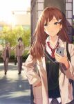  1girl 2boys beige_jacket black_sweater blue_eyes blue_skirt blurry blurry_background blush brown_hair building collared_shirt flower hair_flower hair_ornament haru_(hiyori-kohal) highres holding holding_phone jacket long_hair long_sleeves multiple_boys original outdoors parted_lips phone pleated_skirt school_uniform shirt skirt solo_focus standing sweater tree uniform walking white_shirt 