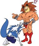  anthro blue_body blue_fur boots bulge bulge_kiss canid canine canis capcom clothing darkstalkers duo edtertainerd felid footwear fur hi_res jon_talbain leo_(red_earth) lion male male/male mammal muscular muscular_male pantherine red_earth thong underwear video_games were werecanid werecanine werewolf wolf 