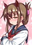  1girl absurdres anchor_symbol animal_ears black_sailor_collar brown_eyes brown_hair commentary_request crossed_arms folded_ponytail highres horse_ears inazuma_(kancolle) kantai_collection long_hair long_sleeves looking_at_viewer neckerchief nukoyarou pink_background pout red_neckwear sailor_collar school_uniform serafuku solo upper_body 