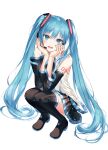  1girl :d bangs bare_shoulders black_legwear black_skirt blue_eyes blue_hair blue_nails blush detached_sleeves eyebrows_visible_through_hair full_body hair_between_eyes hands_on_own_cheeks hands_on_own_face hatsune_miku headset kh_(kh_1128) long_hair looking_at_viewer nail_polish open_mouth pleated_skirt shirt simple_background skirt smile solo squatting thighhighs twintails very_long_hair vocaloid white_background white_shirt 