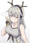  ... 1girl absurdres arknights breasts deer_antlers deer_girl dog_tags eyebrows_visible_through_hair firewatch_(arknights) firewatch_(wilted_cypress)_(arknights) gloves headband highres long_hair mango_(mgo) medium_breasts sleeveless solo speech_bubble v 
