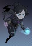  1girl absurdres apex_legends black_bodysuit black_hair black_scarf blue_eyes bodysuit breasts chibi electricity floating_scarf hair_bun highres holding holding_knife knife kunai medium_breasts open_hand open_mouth scarf shiromanta solo v-shaped_eyebrows weapon wraith_(apex_legends) 