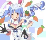  1girl :p animal_ear_fluff animal_ears armpits bangs black_gloves blue_hair bow braid breasts bunny-shaped_pupils bunny_ears carrot carrot_hair_ornament detached_sleeves don-chan_(usada_pekora) dress eyebrows_visible_through_hair food_themed_hair_ornament fur_scarf fur_trim gloves hair_between_eyes hair_bow hair_ornament hand_on_hip highres hololive long_hair looking_at_viewer multicolored_hair one_eye_closed orange_eyes pom_pom_(clothes) puffy_short_sleeves puffy_sleeves rabbit_girl short_dress short_eyebrows short_sleeves simple_background solo strapless strapless_dress thick_eyebrows tongue tongue_out twin_braids two-tone_hair usada_pekora ushiki_yoshitaka virtual_youtuber white_bow white_dress white_hair 