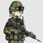  1girl ammunition_pouch assault_rifle blush bulletproof_vest camouflage canteen chin_strap ear_protection flash_hider gloves gun hair_bun headset helmet highres holding holding_gun holding_weapon howa_type_20 insignia japan_ground_self-defense_force japan_self-defense_force jizi load_bearing_equipment load_bearing_vest looking_at_viewer magazine_(weapon) medic microphone military military_rank_insignia military_uniform orange_eyes original patch pouch push-to-talk_adapter push-to-talk_device radio radio_antenna red_cross rifle simple_background smile soldier trigger_discipline uniform weapon white_hair woodland_camouflage 