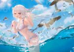  1girl absurdres animal bare_arms bare_shoulders bikini bird blue_sky breasts cirilla cloud commentary_request day fish flock highres long_hair looking_at_viewer medium_breasts navel ocean original outdoors partially_submerged red_eyes scenery seagull see-through silver_hair sky smile solo standing stomach sunlight swimsuit wading water water_drop white_bikini white_hair 