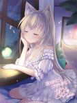  1girl animal_ears arm_support blonde_hair closed_eyes hand_on_own_face indoors lamp long_hair nightgown official_art pandora_party_project sitting smile tail tougo wariza window 