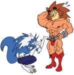  anthro blue_body blue_fur boots bulge canid canine canis capcom clothing darkstalkers duo edtertainerd felid footwear fur hi_res jon_talbain leo_(red_earth) lion male male/male mammal muscular muscular_male pantherine red_earth thong underwear video_games were werecanid werecanine werewolf wolf 