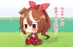  1girl animal_ears bangs beniko_(ymdbnk) blue_eyes blush brown_hair chibi closed_mouth commentary_request eyebrows_behind_hair hair_between_eyes hair_ribbon horse_ears horse_girl horse_tail jacket knees_up long_hair long_sleeves multicolored_hair on_grass pants pink_ribbon ponytail red_footwear red_jacket red_pants ribbon shoes sitting sleeves_past_wrists solo streaked_hair tail tokai_teio track_jacket track_pants track_suit translation_request umamusume very_long_hair white_hair 