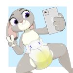  anthro bodily_fluids cellphone diaper disney female genital_fluids hi_res holding_object holding_phone judy_hopps lagomorph leporid long_ears mammal nyanyakotarou peace_signs phone rabbit selfie smile solo spread_legs spreading teeth urine wet_diaper wetting zootopia 