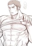  1boy abs bara bare_pecs blush chest_hair facial_hair harada_(basashi) kengo_(tokyo_houkago_summoners) large_pectorals lifted_by_self long_sideburns looking_away male_focus mature_male muscular muscular_male navel_hair nipples scar_on_forehead shirt_lift short_hair sideburns solo stomach stubble sweatdrop thick_eyebrows tokyo_houkago_summoners translation_request upper_body 