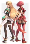  bangs bare_shoulders black_gloves blonde_hair breasts chest_jewel dress earrings elbow_gloves fingerless_gloves gloves gonzarez highres jewelry large_breasts leggings long_hair mythra_(xenoblade) pantyhose pyra_(xenoblade) red_eyes red_hair red_legwear red_shorts short_dress short_hair short_shorts shorts super_smash_bros. swept_bangs thigh_strap thighhighs tiara very_long_hair white_dress white_footwear white_gloves xenoblade_chronicles_(series) xenoblade_chronicles_2 yellow_eyes 