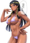  1girl absurdres bare_shoulders bikini black_hair blue_eyes blush breasts cleavage cowboy_shot dark_skin egyptian forehead_jewel hand_on_hip hand_up highres ishizu_ishtar long_hair muto_dt purple_bikini simple_background solo speech_bubble swimsuit translation_request white_background yu-gi-oh! 