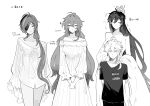  1boy 3girls absurdres aether_(genshin_impact) arms_behind_back breasts cleavage closed_eyes closed_mouth clothes_removed collarbone dark_skin diluc_(genshin_impact) dress eyepatch frilled_sleeves frills genderswap genderswap_(mtf) genshin_impact greyscale hair_between_eyes hands_on_another&#039;s_shoulders hands_together highres kaeya_(genshin_impact) long_hair looking_at_viewer medium_breasts monochrome multiple_girls open_mouth ponytail seelie_(genshin_impact) simple_background sketch sleeping smile tabibitowayo tall_female thighhighs translation_request white_background zhongli_(genshin_impact) zzz 