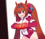  1girl animal_ears bangs blush boxing_gloves breasts brown_hair buruma chan_co daiwa_scarlet fang hair_intakes highres horse_ears horse_girl horse_tail jacket large_breasts long_hair long_sleeves open_mouth red_buruma red_eyes red_jacket simple_background tail tiara track_jacket twintails umamusume very_long_hair 